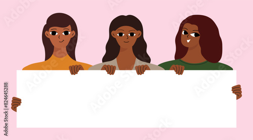 Banner with black women. Different girlish face. Woman's day concept. Flat vector cartoon design.
