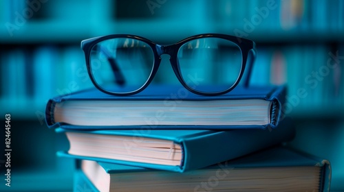 Stack of books topped with glasses closeup image. Library backdrop in shades of blue close up photography marketing. Bookstore concept photo realistic. Intellect and study picture © AImg