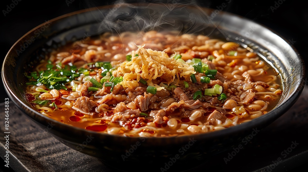 A steaming bowl of delicious ramen topped with meat, green onions, and crispy fried onions, perfect for a hearty meal. A steaming bowl of delicious ramen topped with meat, green onions, and crispy fried onions, perfect for a hearty meal.