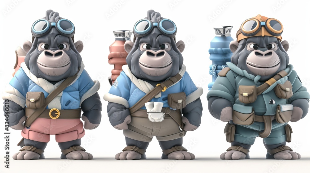 Cute cartoon gorilla cubs in various styles, on a white background. Generative AI. Cute cartoon gorilla cubs in various styles, on a white background. Generative AI.