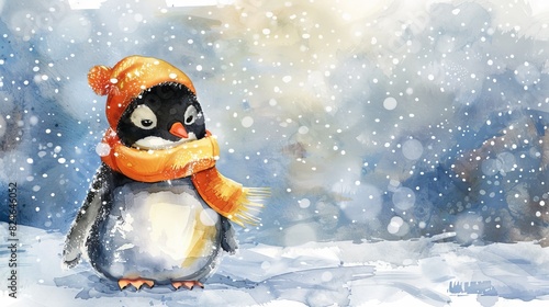 Boho style, vintage watercolor winter's tale with minimalism and abstract cartoon cute charming penguin.