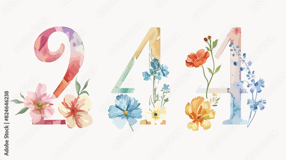 Numbers Four with watercolor flowers hand painting.