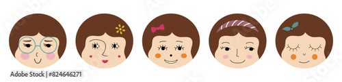 Avatar set, sweet girlish faces. Expression of emotions, diverse stickers, feminine countenance. Editable vector illustration.