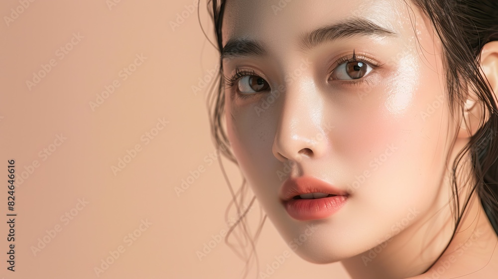 close-up of woman's face with dewy skin, natural makeup, and soft peach background close-up of woman's face with dewy skin, natural makeup, and soft peach background