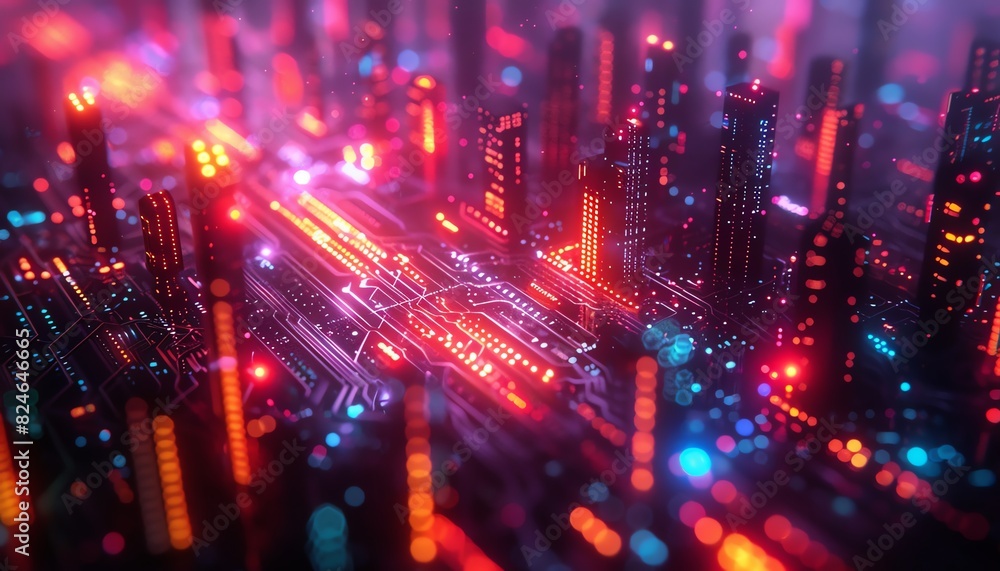 Neon cityscape with glowing lights and intricate circuitry.