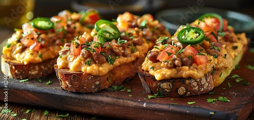Delicious bruschetta topped with savory minced meat, melted cheese, tomatoes, and jalapeno slices served on a wooden board.