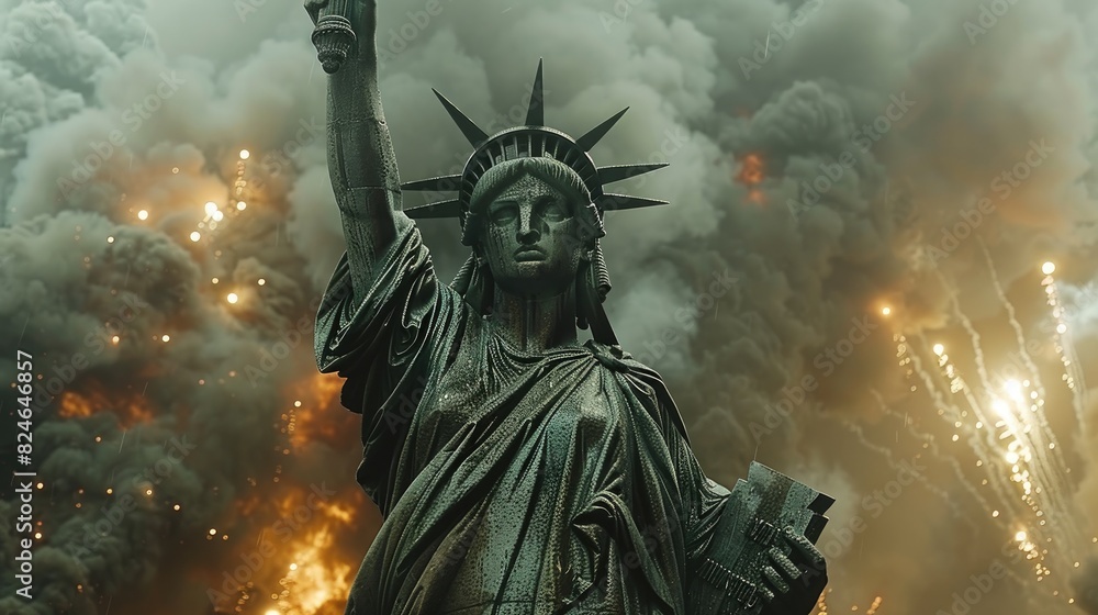 Fototapeta premium Illustration of the Statue of Liberty with an American flag and fireworks in the background. a symbol of America