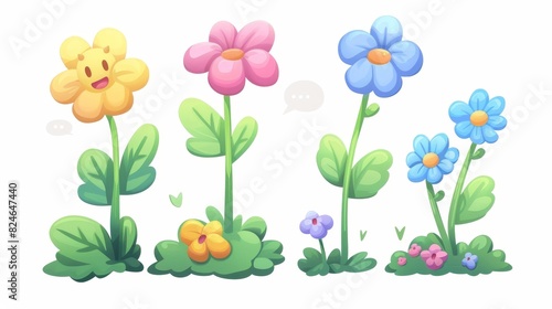 Against white background  a modern illustration of simple cartoon flowers with speech bubbles and a happy face