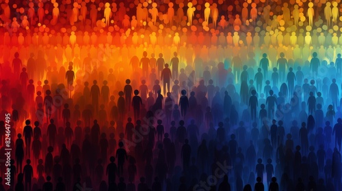 Diverse colorful people crowd silhouette abstract art seamless pattern. Multi-ethnic community, cultural diversity group background drawing illustration in color gradient style.