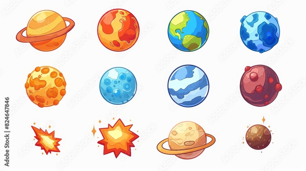 Planets of the solar system and meteors from an astronomical observatory. Modern icons of astronomy. Planets of the solar system and meteors from an astronomical observatory. Modern icons of astronomy.