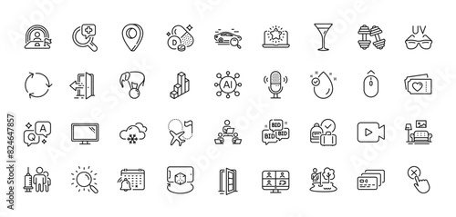Notification calendar, Search and Medical vaccination line icons pack. AI, Question and Answer, Map pin icons. Video camera, Card, Teamwork web icon. Vector