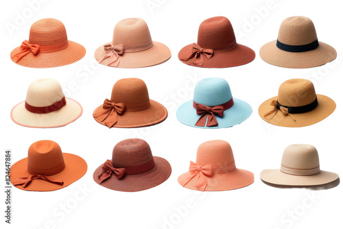 A Symphony of Colorful Bow-Topped Hats on a White or Clear Surface PNG Transparent Background.