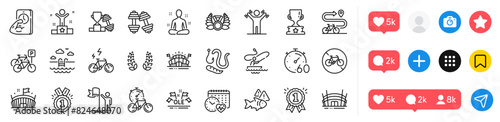 Dumbbells workout, Bike timer and Winner cup line icons pack. Social media icons. Fish, Bike path, Leadership web icon. Arena stadium, Dumbbells, Reward pictogram. Winner, Worms, Ole chant. Vector
