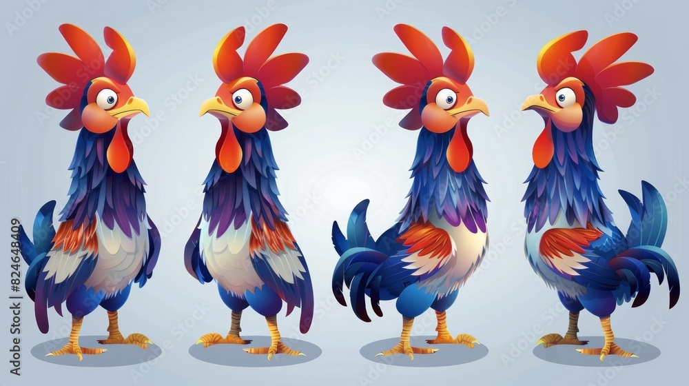 Different cartoon rooster poses and expressions on separate layers. Modern clip art illustration with simple gradients.