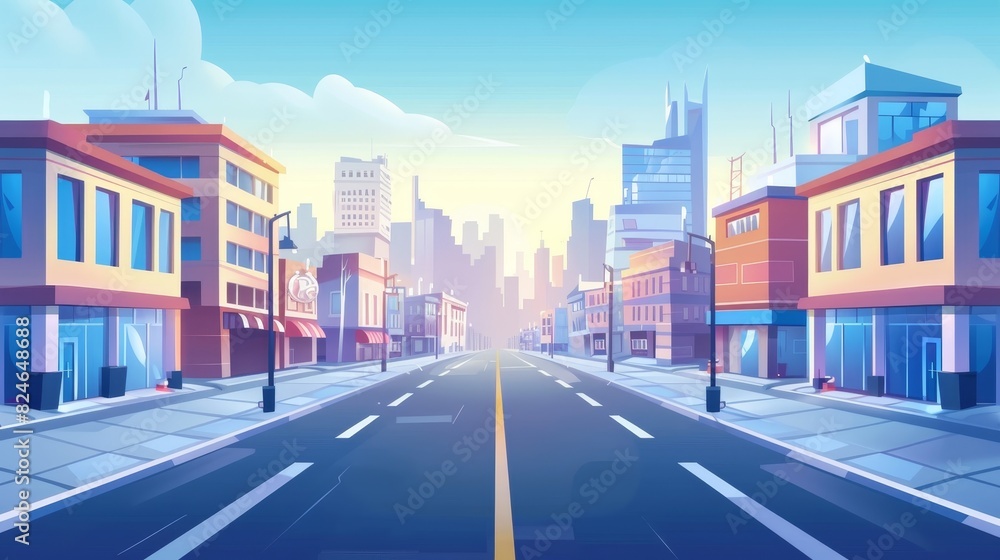 Buildings on city streets buildings in downtown urban cityscape early morning sunrise horizontal banner