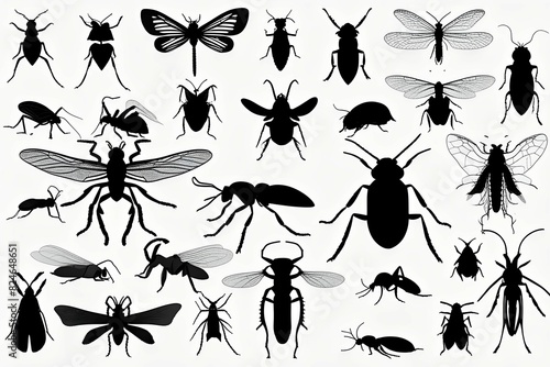 Silhouettes of a group of insects on a white background