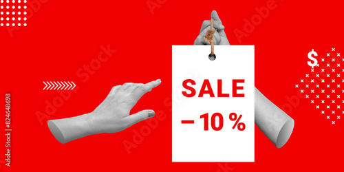 Sale, 10 per cent discount concept. Hand points in direction of hand with SALE -10 percentage sign. Minimalist art collage