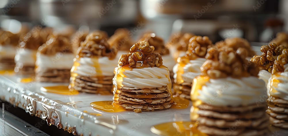Close-up of delicious multi-layered pancakes with whipped cream and caramelized nuts drizzled with syrup on a baking tray.