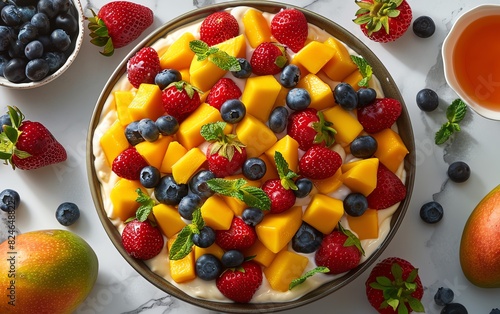Fresh and colorful fruit salad with strawberries  mango  and blueberries in a white bowl  perfect for a healthy summer snack.