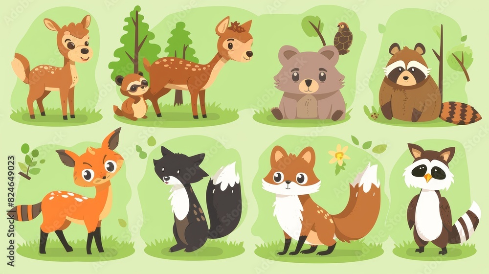 A modern illustration featuring cute woodland animals such as a deer, rabbit, hedgehog, bear, fox, raccoon, bird, owl, and squirrel. A modern illustration featuring cute woodland animals such as a deer, rabbit, hedgehog, bear, fox, raccoon, bird, owl, and squirrel.