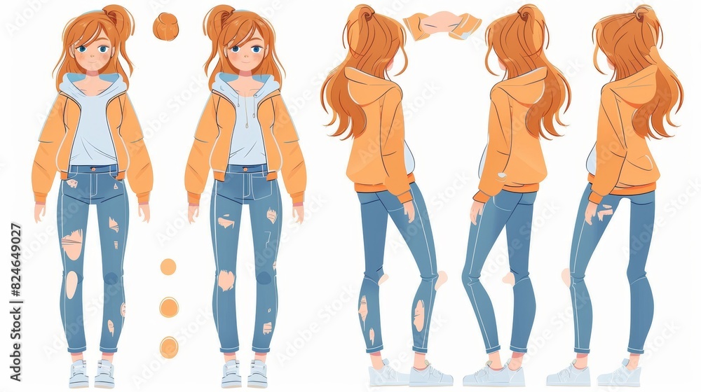 An animation kit of a stylish young woman. Complete set of body parts, trendy clothes, hairstyles, and facial expressions. Female cartoon character. Front, side, and back views. Modern illustration. An animation kit of a stylish young woman. Complete set of body parts, trendy clothes, hairstyles, and facial expressions. Female cartoon character. Front, side, and back views. Modern illustration.