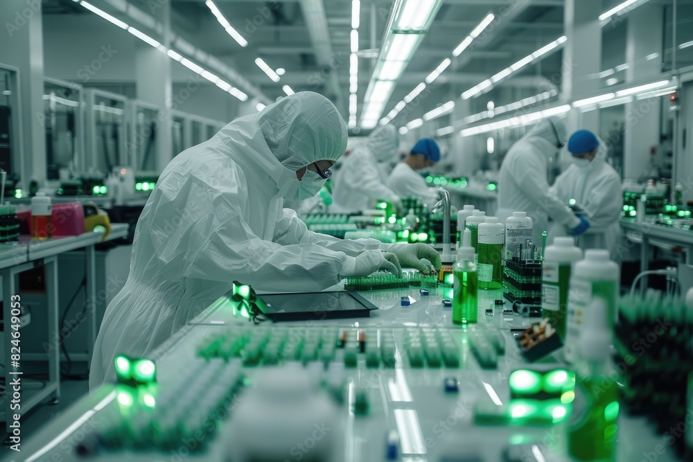 Factory assembly line, workers wearing protective clothing Factory assembly line, workers wearing protective clothing