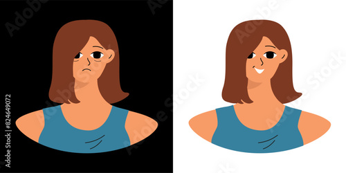 Concept of emotions before and after. Cartoon cute girlish face. Woman with a sad and joyful face. Isolated vector.