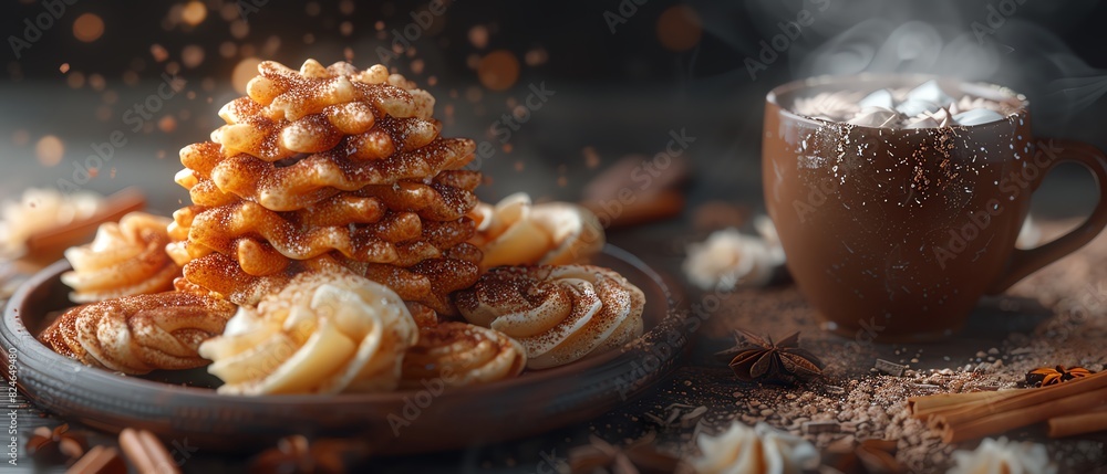 Delicious arrangement of homemade pastries and a hot cup of cocoa topped with marshmallows, perfect for cozy winter moments. Delicious arrangement of homemade pastries and a hot cup of cocoa topped with marshmallows, perfect for cozy winter moments.