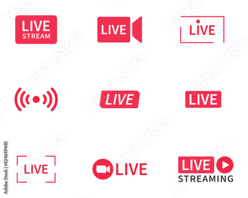 Live and live streaming icon set in red and white color in different styles. Live streaming set red icons. Play button icon vector. Live streaming icon set. Live broadcasting buttons and symbols.