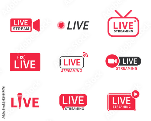 Live and live streaming icon set in red and white color in various styles. Live streaming set red icons. Play button icon vector. Live streaming icon set. Live broadcasting buttons and symbols.