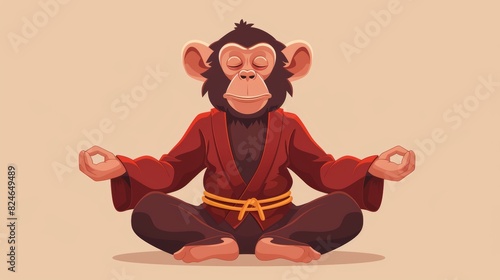 Psychedelic cartoon illustration of a chimp great ape or chimpanzee monkey sitting in lotus yoga pose. Meditating peacefully. Front view.