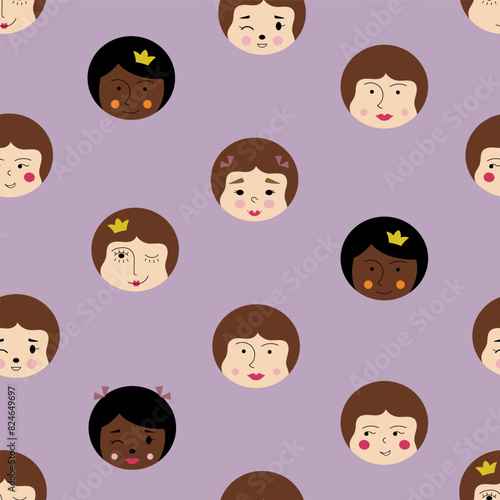 Creative backdrop, sweet girlish faces. Repeatable print, female portrait. Continuous flat vector illustration.