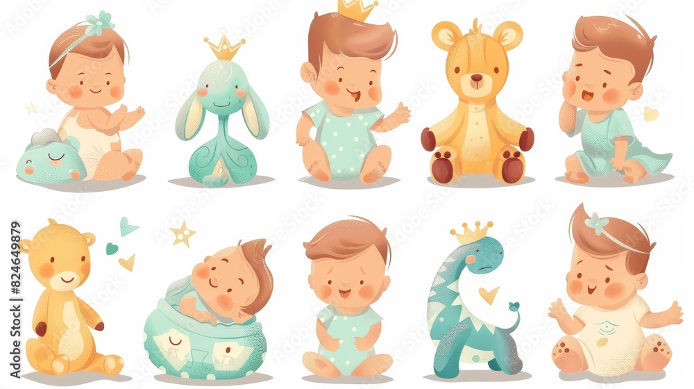 Symbols in baby characters. Newborn children play with toys. Small little one illustration with teddy. Symbols in baby characters. Newborn children play with toys. Small little one illustration with teddy.