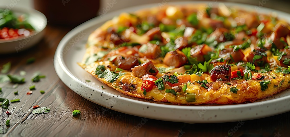 Delicious homemade pizza topped with fresh herbs and vegetables on a rustic wooden table setting, perfect for food photography. Delicious homemade pizza topped with fresh herbs and vegetables on a rustic wooden table setting, perfect for food photography.