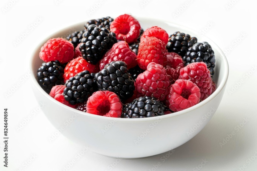 A bowl of fresh blackberries and raspberries on a white background, perfect for healthy eating and fruit-filled dessert presentations. A bowl of fresh blackberries and raspberries on a white background, perfect for healthy eating and fruit-filled dessert presentations.