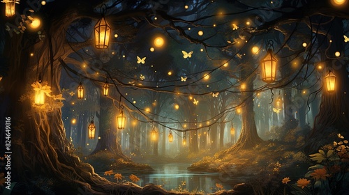 Fairy tale forest. A magical forest scene with lantern lights and animals that glow beautifully. Beautiful majestic nature background. © Eidoran