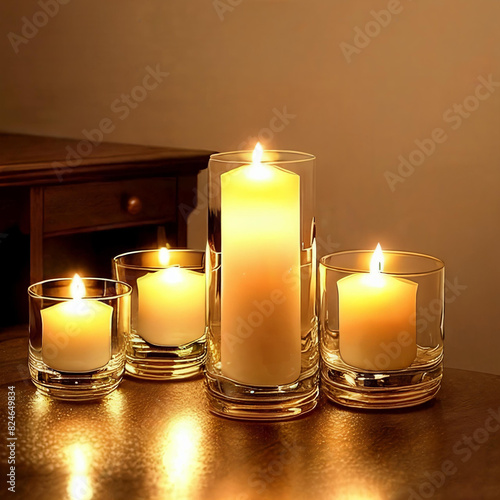 Cluster of decorative glass candle holders reflecting the warm glow of flickering candles.