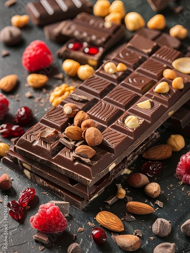 Rich chocolate bar topped with crunchy nuts, juicy raspberries, and sliced almonds. Generative AI