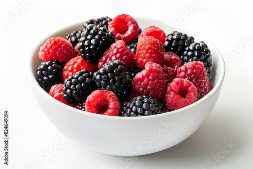A bowl of fresh blackberries and raspberries on a white background  perfect for healthy eating and fruit-filled dessert presentations.