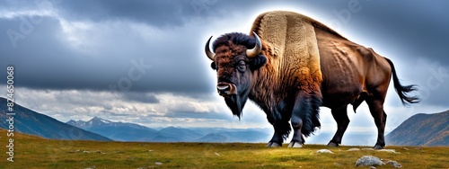 Bison on a mountain pasture. Bison thick fur covered with frost and snow, Bison walks in extreme winter weather, standing above snow with a view of the frost mountains.