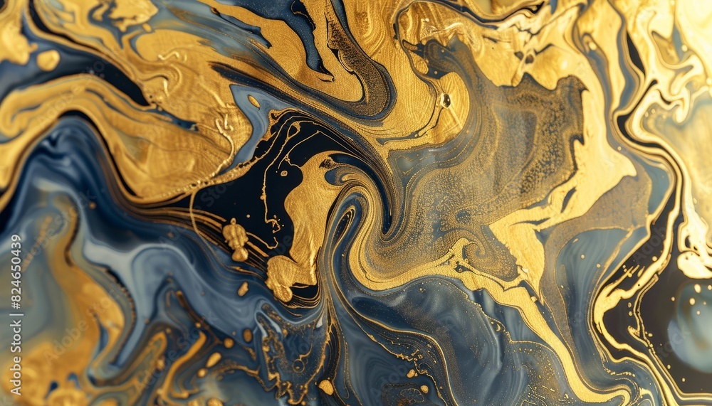 An abstract ink art of swirling gold paint in a marble pattern with hints of blue and black, suggesting luxury and modern artistic design in a liquid texture environment