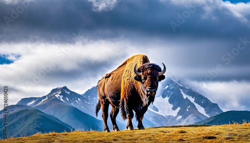 Bison on a mountain pasture. Bison thick fur covered with frost and snow, Bison walks in extreme winter weather, standing above snow with a view of the frost mountains.