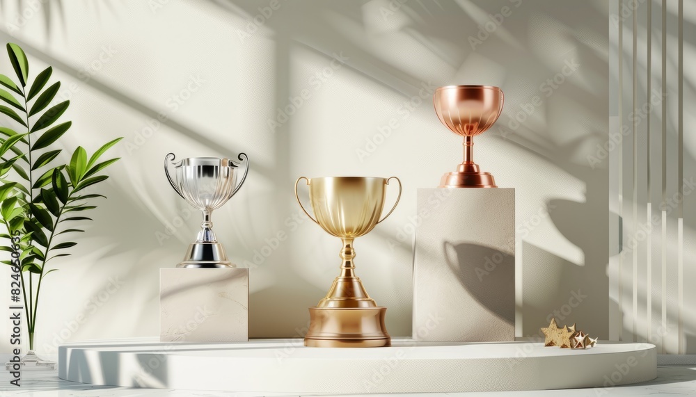 A winner's podium scene with gold, silver, and bronze trophies, emphasizing success and competition, suitable for sports and award ceremony themes A winner's podium scene with gold, silver, and bronze trophies, emphasizing success and competition, suitable for sports and award ceremony themes