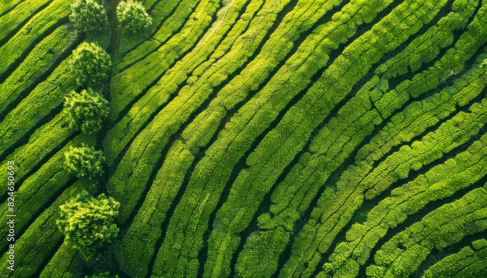 Fototapeta premium An aerial view of a green tea field, showcasing the lush patterns of the plantation from above, ideal for backgrounds related to agriculture, organic farming, and landscape views