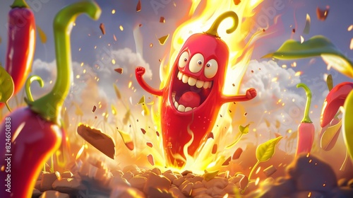 Cartoon character on fire as he deceives red devious chili peppers photo