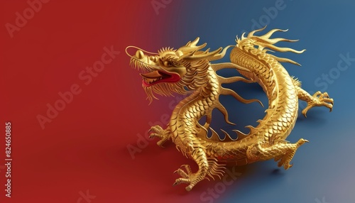 A 3D render of a golden Chinese dragon for the year 2025  set against a festive red and blue background  suitable for Lunar New Year celebrations and themed invitations