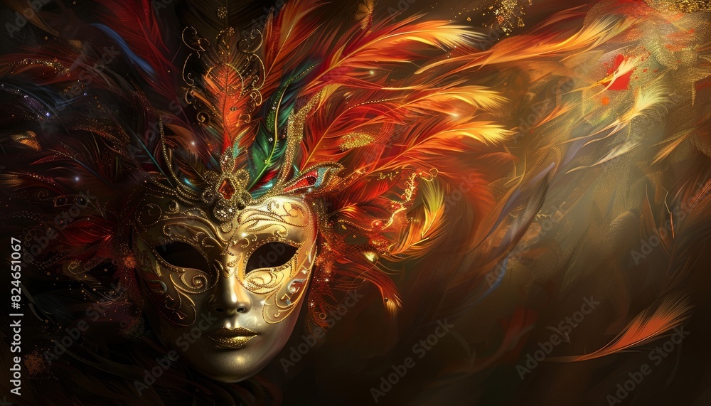 A Venetian carnival mask against a dark background, decorated with feathers and gold, ideal for themes related to theater, masquerade parties, and Italian celebrations