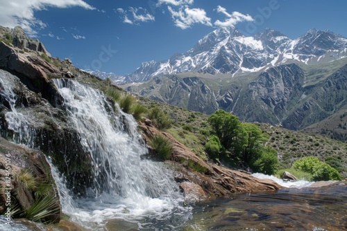 A cascading waterfall in a mountainous landscape, with snowy peaks in the background