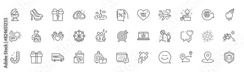 Baggage, World globe and Honeymoon travel line icons. Pack of Ice cream, Journey, Heart icon. Pin, Secret gift, Sale bags pictogram. Ferris wheel, Candy, Puzzle. Free delivery, Hold heartGrill. Vector