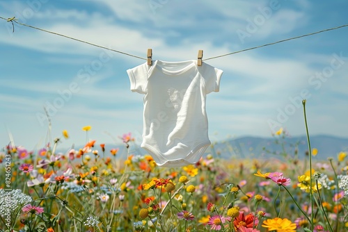 A baby onesie is hung on a string with wooden clips in the middle of a colorful flower field
